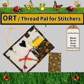 ORT Thread Pal for Stitchers with embroidery hoop, thread, and tools on a gray background with grass and insects border.